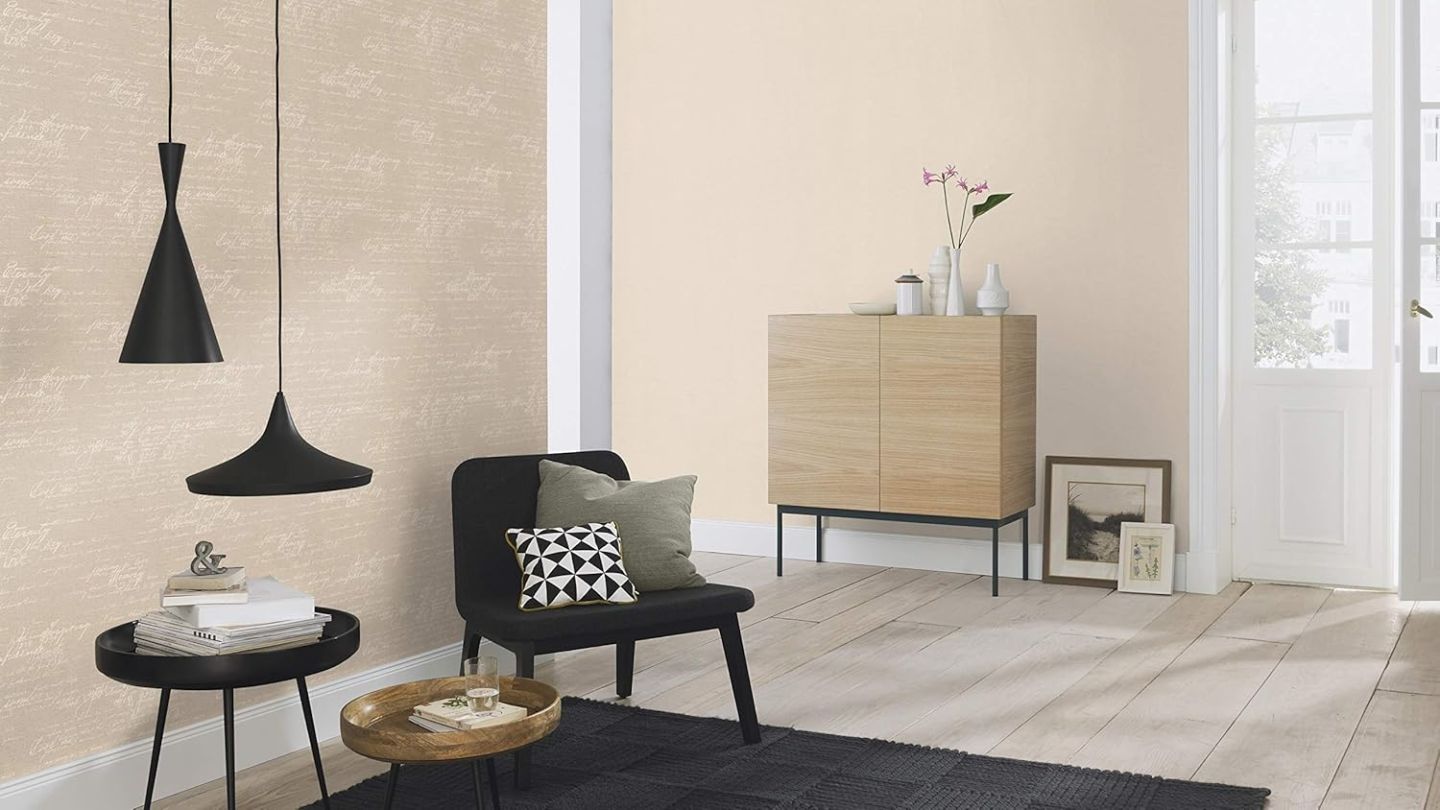 Rasch Tapete 449563 – Vliestapete Kollektion Florentine II, kalligraphische Schrift im Vintage-Stil, Braun/Beige
